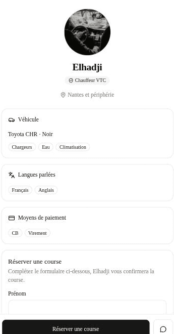 Aperçu de la page publique d'un chauffeur PassVTC, avec le formulaire de réservation